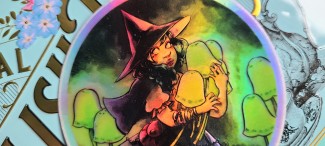 Close up of our little witch collecting glowing green mushrooms.