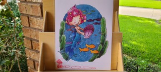 A pink haired mermaid has found a giant shell.
