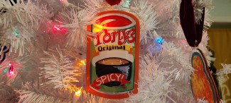 Spice blend acrylic ornament on a white Christmas tree