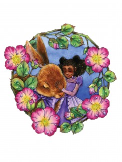 A girl cuddling her pet rabbit, surrounded by a ring of roses.